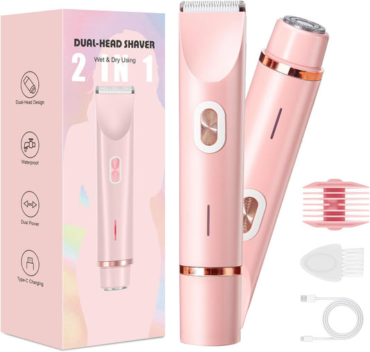 2-in-1 Electric Razor for Womens Legs Underarm Face Pubic Hairs,